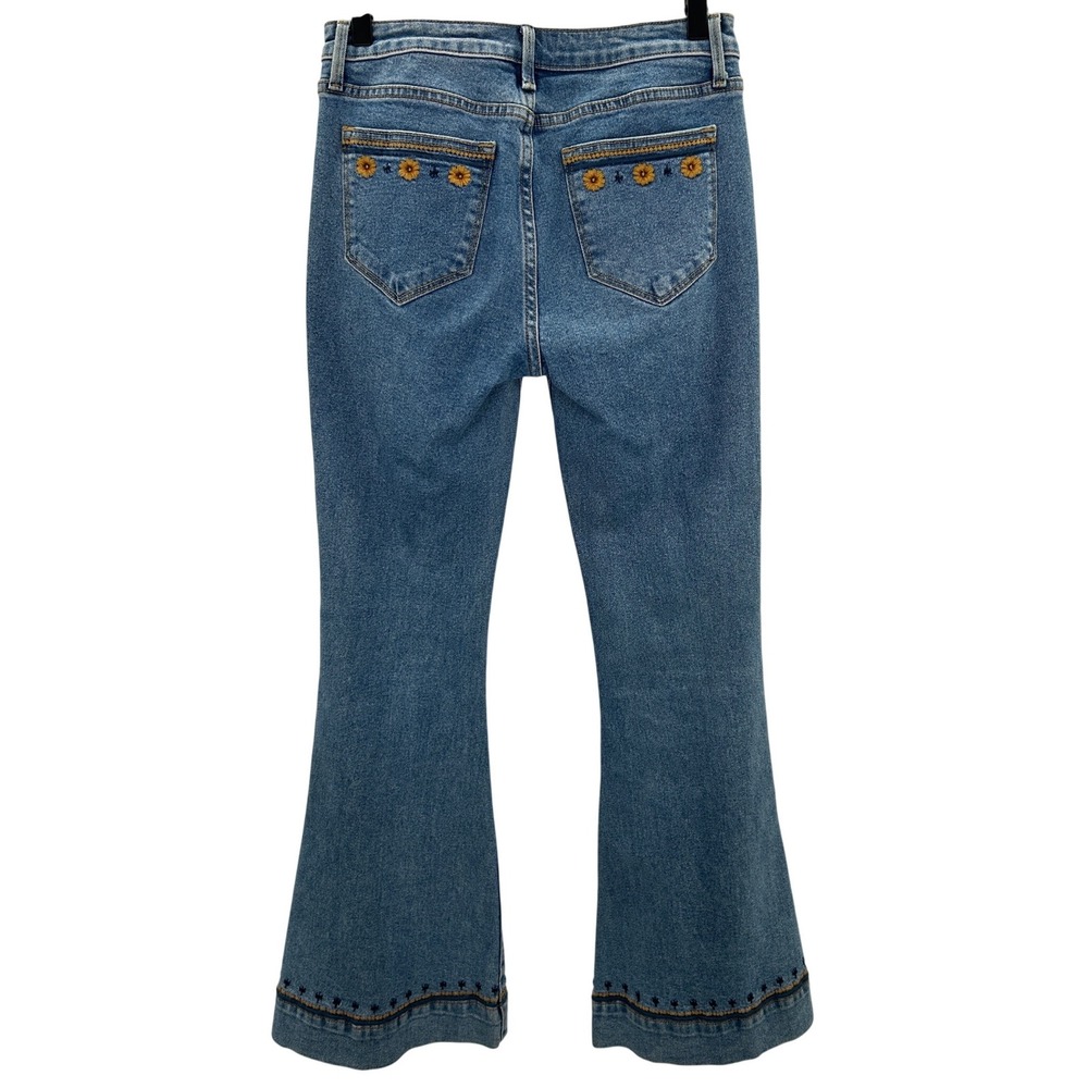 Driftwood x Free People Farrah Jean Denim Embroidered Floral Flare Leg Boho Sz26 - Picture 3 of 8